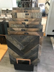 A display stand of laminate flooring samples.
